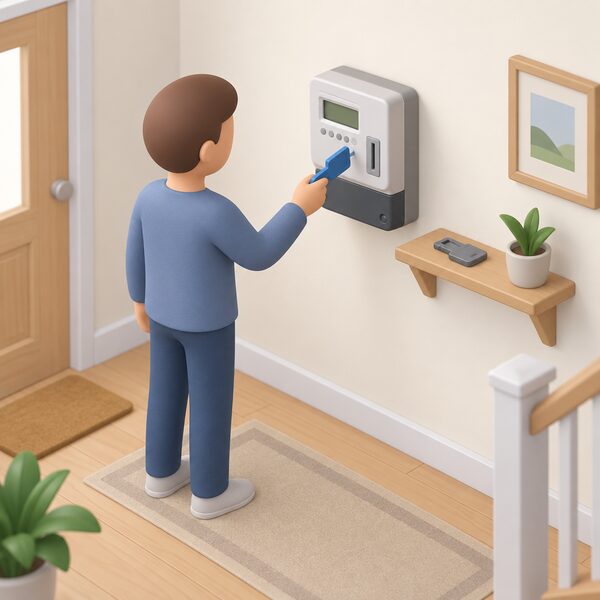 A domestic hallway wall with a traditional prepayment electricity meter mounted on it, a small simplified figure standing nearby holding out a new top-up key toward the meter slot, with the old key resting on a shelf beside the meter.