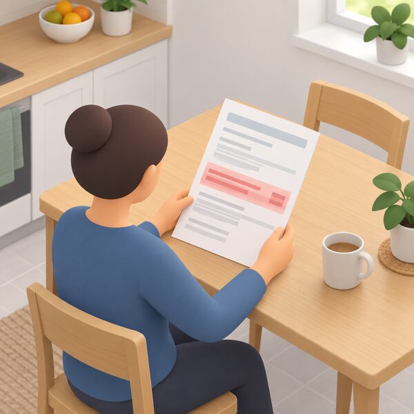 A household energy bill lying on a kitchen table, held by a simplified figure, with a plain highlighted band on the bill representing the added costs of supplier failures recovered through bills.