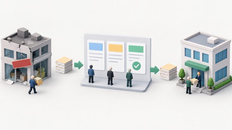 A simplified flow diagram showing a stack of customer account files leaving a collapsed supplier's office, passing through a central Ofgem panel where several bidding companies' offer cards are compared, with one arrow continuing to a chosen Supplier of Last Resort building that receives the files.