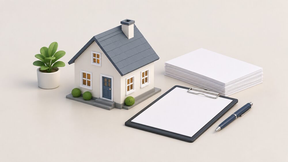 A small model house sits on a desk beside a stack of blank official-looking paperwork with a clipboard and a pen, representing the licence conditions that bind an energy supplier and protect a household's tariff.