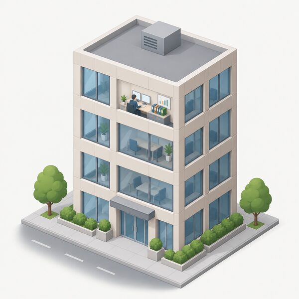 A plain, unbranded multi-storey office building shown from the street, with a small isometric figure of a staff member at a desk by a window inside, monitoring simple blank screens and files representing energy companies under supervision.