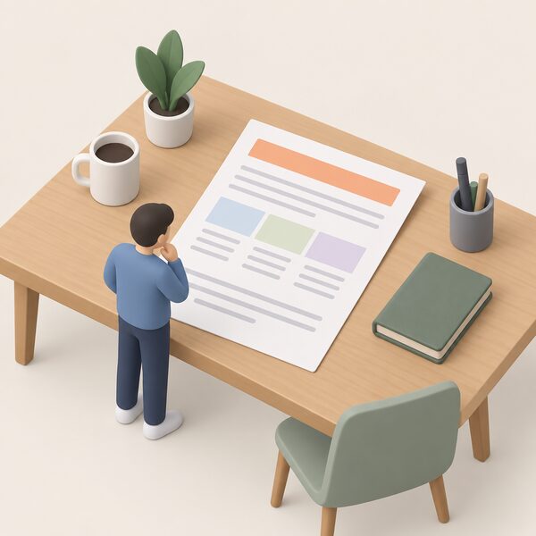 A printed summary document of the price cap level for a defined three-month period lies on a desk, shown as a physical sheet with plain colour bands and blank lines instead of readable figures, with a small isometric figure standing beside it reading it.