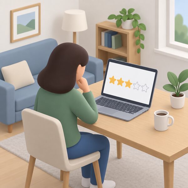 A household checking the Citizens Advice customer service star rating for an energy supplier on a screen at home, shown as a row of simple filled and empty stars with no words or numbers, alongside a laptop or phone in an ordinary domestic setting.