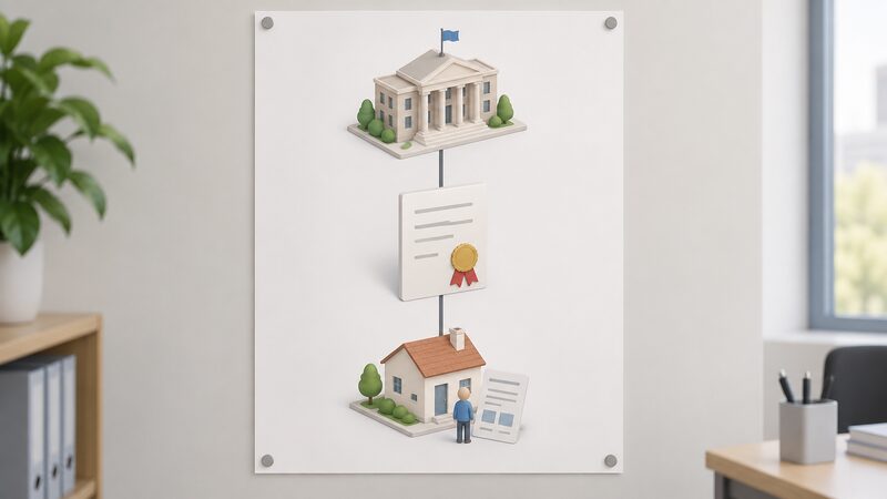 A printed diagram sheet pinned to an office wall showing three plain unlabelled blocks in a vertical chain joined by solid connecting lines, with the top block drawn as a regulator's office building, the middle block as a document marked with a seal, and the bottom block as a small house with a bill beside it.