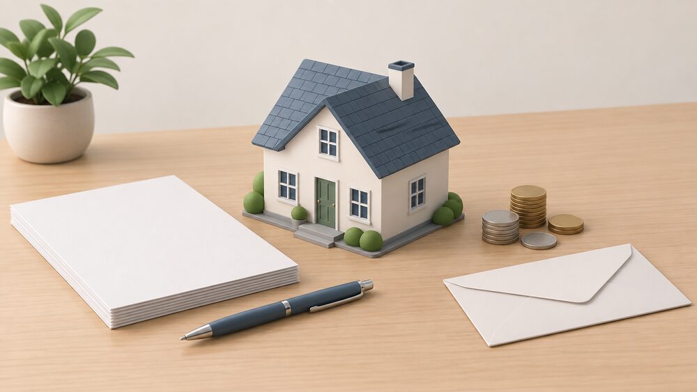 A small model house sits centrally on a table beside a stack of blank paperwork, a pen, a small pile of coins and a plain envelope, suggesting a household choosing between energy suppliers.