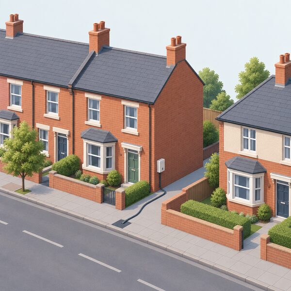 A simple street scene of ordinary UK terraced and semi-detached houses, with one home shown connected to the energy supply via a small electricity meter box and supply cable at its wall, suggesting the network reaching millions of households.