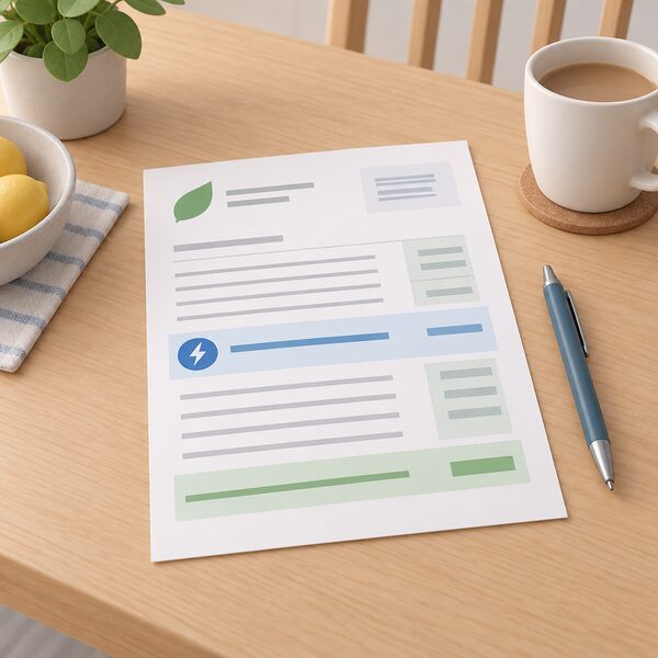 A household electricity bill lying on a kitchen table beside a pen, drawn as a physical paper document with a supplier name block, a line marking where the Energy Bills Support Scheme discount was applied, and cost lines shown only as blank ruled lines and plain colour bands.