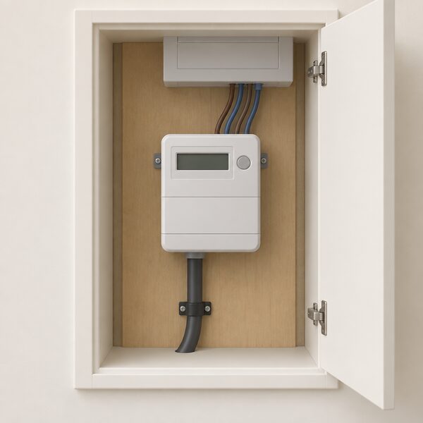 A domestic electricity meter mounted on the wall inside a UK home's meter cupboard, with the incoming supply cable entering from below and a consumer unit's cables leaving upward, shown as a simple cutaway of the cupboard interior.