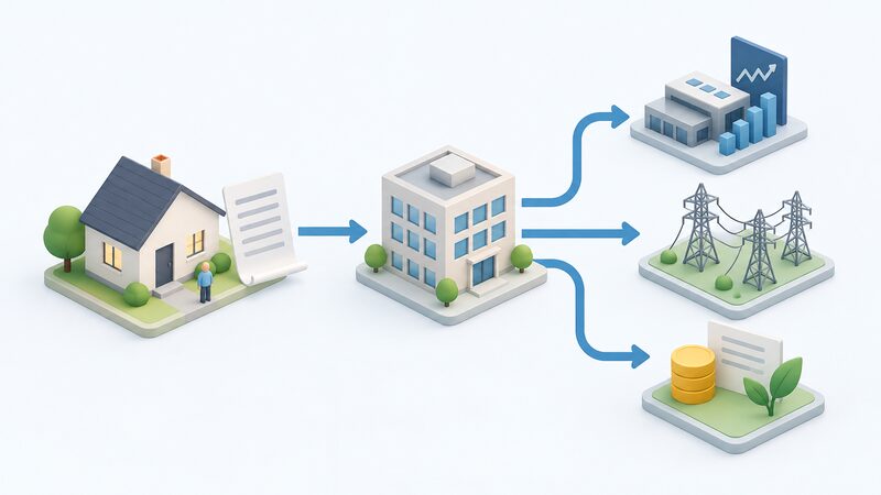 A simplified isometric house with a bill shown as a physical document, connected by plain labelled-free arrows to a central supplier block, which in turn connects by further arrows to a wholesale market block, a networks block and a levies/schemes block, showing the supplier as the single intermediary.