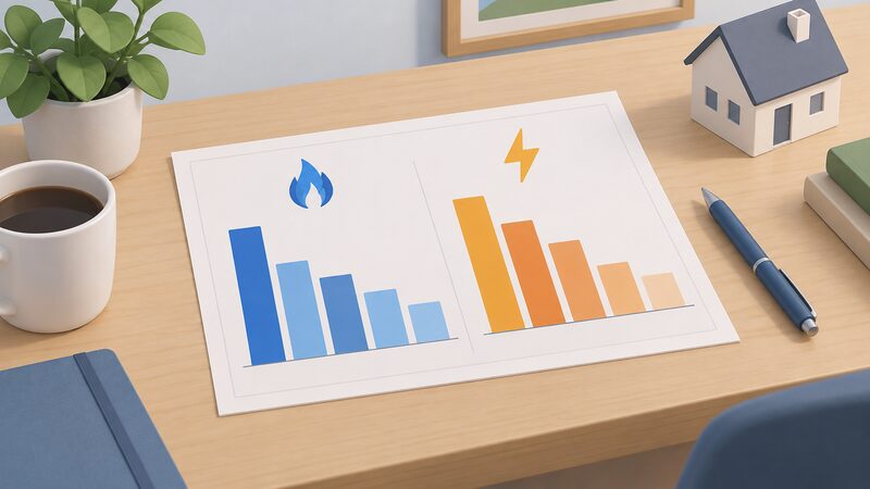 A printed bar chart sheet lying on a desk showing plain unlabelled bars comparing domestic gas and electricity account shares across the largest Great Britain suppliers, with two separate bar groups so the tallest bar differs between the gas group and the electricity group.
