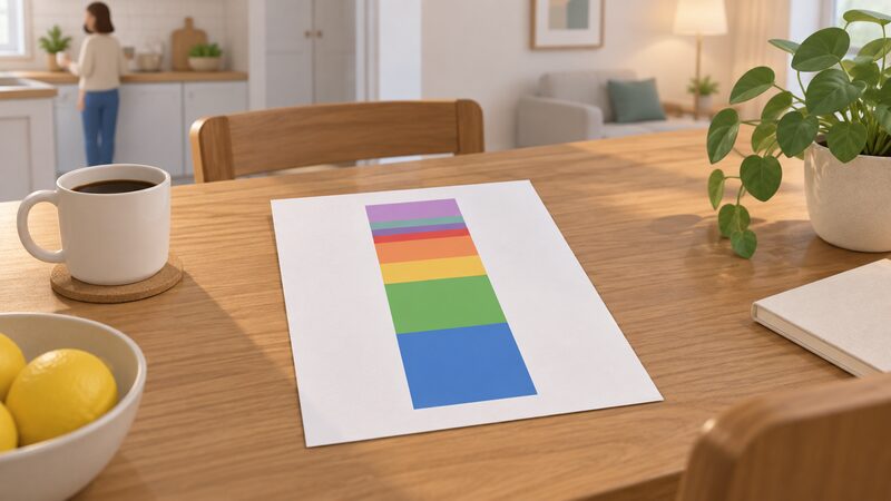 A printed sheet lying on a household table showing a single stacked bar chart of the price cap, with plain colour bands for wholesale, network, policy, operating, EBIT, headroom, levelisation and VAT, the EBIT band drawn small beside the much larger wholesale and network bands.