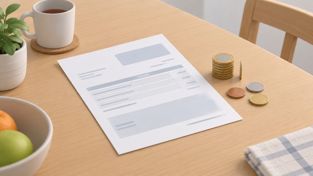 A plain unmarked energy bill letter lying flat on a kitchen table beside a small stack of coins and a few loose coins, with a slim sliver of the coin stack set slightly apart to suggest the thin supplier margin within the bill.