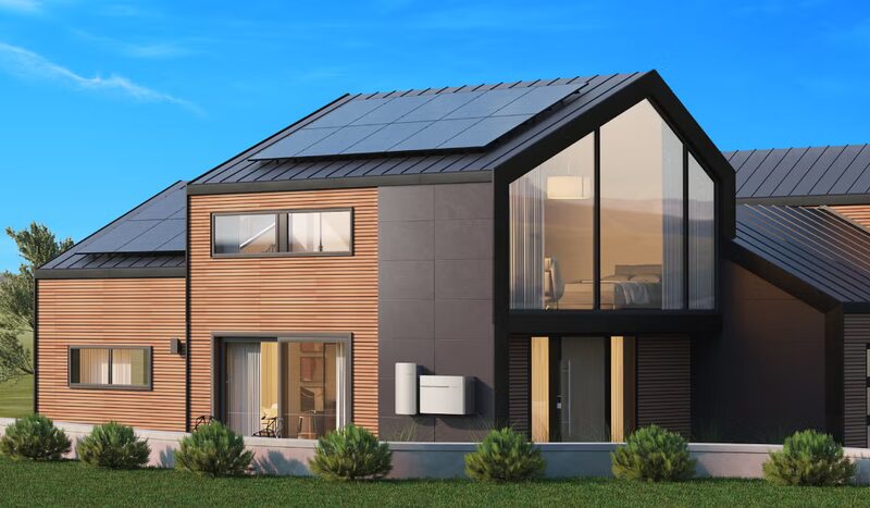 A modern house with rooftop solar panels and a wall-mounted home battery on the exterior