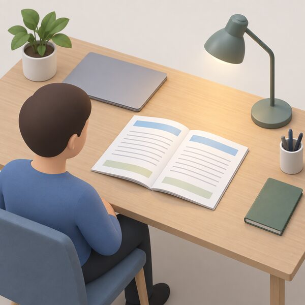 A printed licence conditions document lying open on a plain office desk, its pages showing only blank lines and plain colour bands with no readable words or logos, beside a closed laptop and a simple desk lamp.