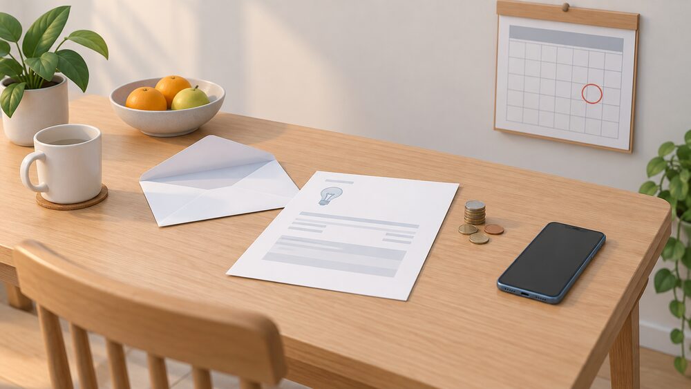 A kitchen table with a blank energy bill and an open envelope, a small stack of coins beside it, a wall calendar showing a circled closing date, and a smartphone with a blank screen showing a referral link notification.