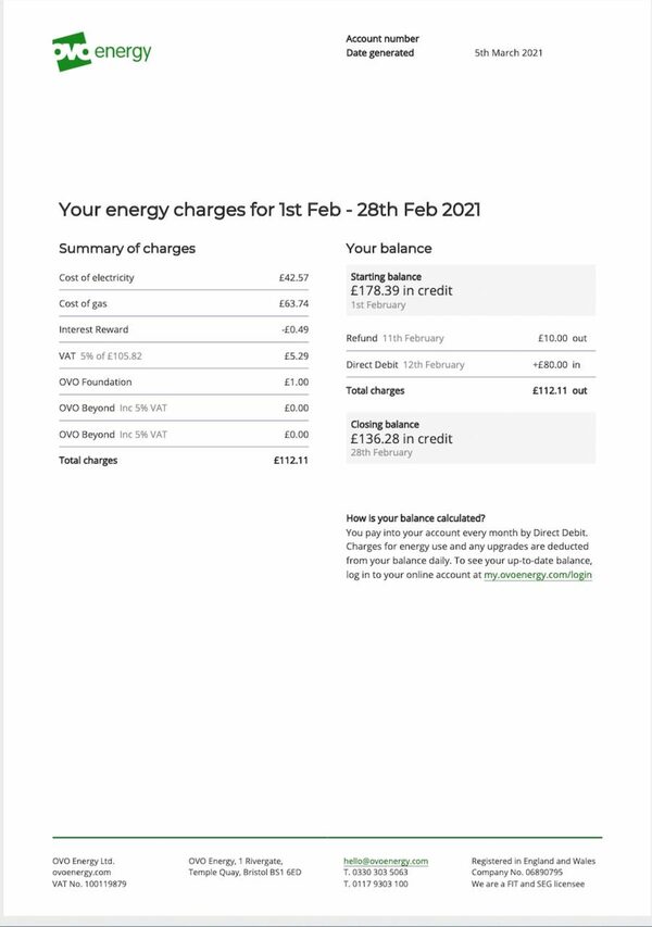 An example OVO Energy monthly bill showing a summary of energy charges and account balance for February 2021