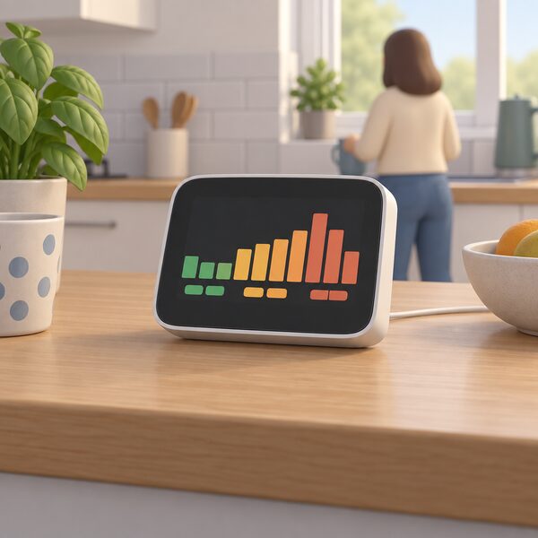 A smart meter in-home display standing on a kitchen worktop or shelf, its screen showing electricity use as plain colour bands and blocks with no readable figures, in an ordinary UK home interior.