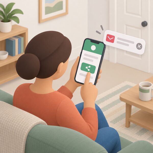 A person at home holding a smartphone showing the supplier's own app open on a referral link screen, with an unsolicited email visible as a dismissed notification on the phone's edge, illustrating that referral links should come from the supplier's app rather than a message.