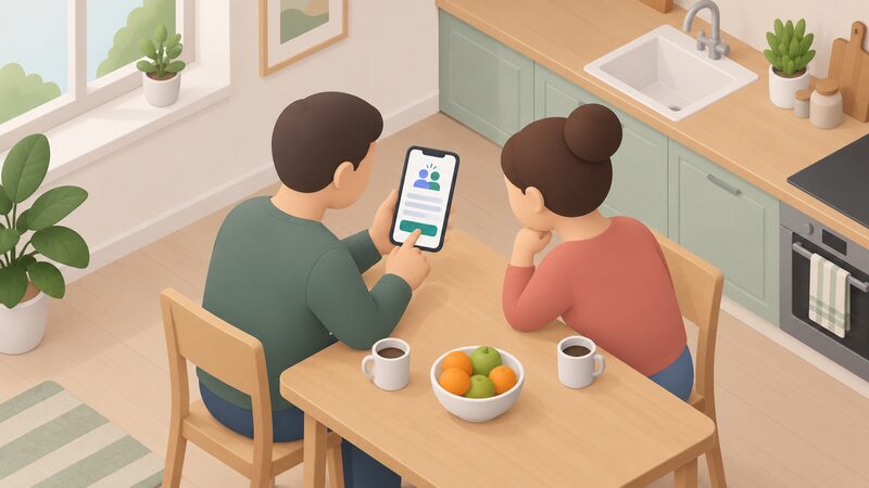 A small isometric household figure sits at a kitchen table holding a smartphone showing a plain referral offer screen, with blank lines and colour blocks standing in for the credit details, and a second simplified figure beside them looking on.