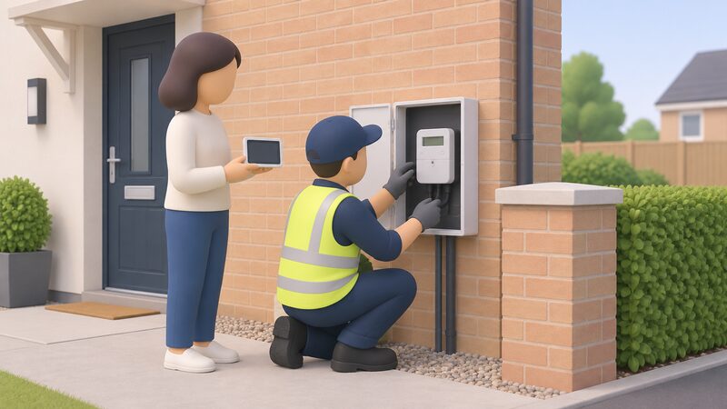 An installer crouching at a UK home's electricity meter position fits a smart meter while a simplified householder stands nearby holding the in-home display, the installer gesturing toward it to explain how it works.