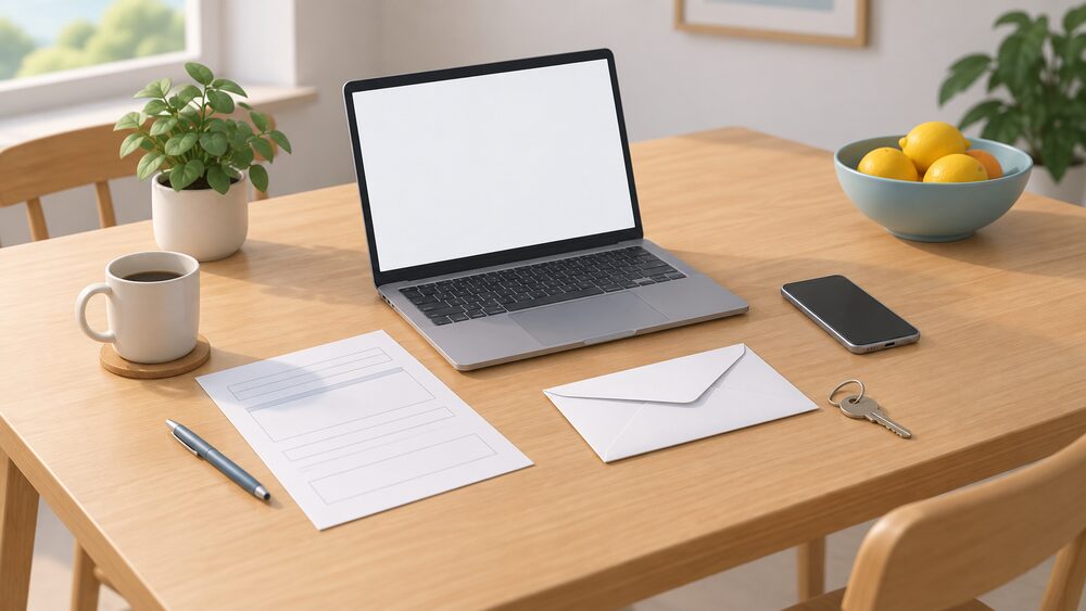 A kitchen table in daylight holds a laptop with a blank screen, a printed blank form beside it, a sealed envelope, a mobile phone and a house key, suggesting a household pausing before responding to an unexpected energy approach.