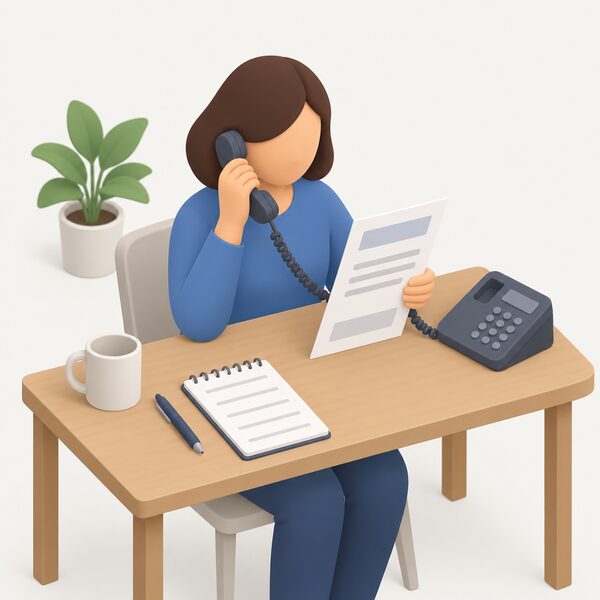 A householder at home telephoning their energy supplier, holding a printed energy bill with blank lines, with a notepad listing complaint details beside them, before any Ombudsman involvement.