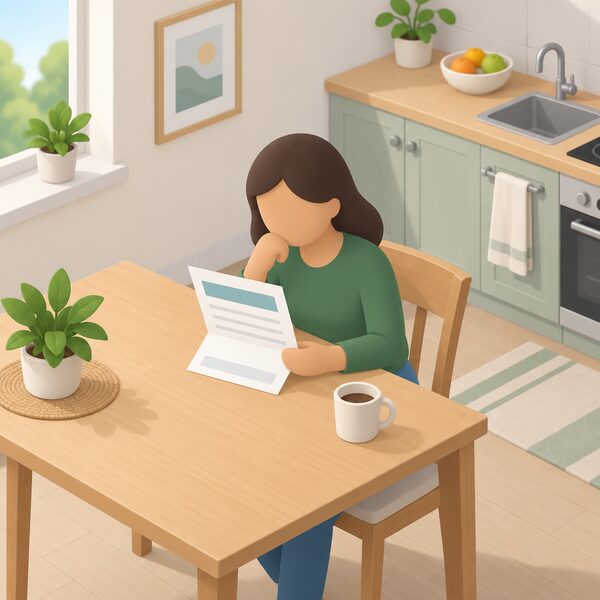 A letter lying on a kitchen table in a home, its visible content shown only as blank lines and plain colour bands, with a simplified figure seated beside it reading the remedy, conveying a corrective outcome rather than any penalty.