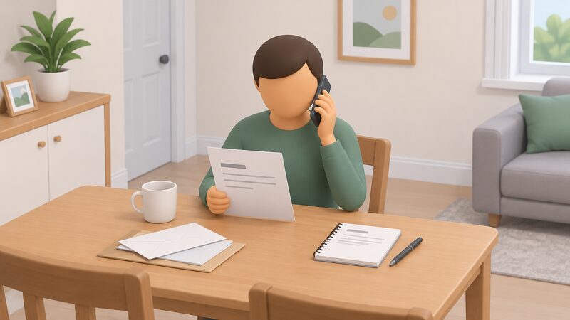A simplified figure sits at a home table on the telephone, holding a complaint letter with blank reference lines, while a notepad beside it shows plain blank lines for the supplier's name and the date the complaint was first raised.