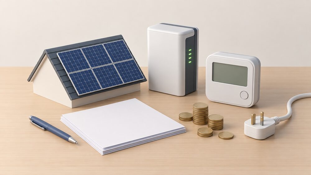 A small model of rooftop solar panels and a domestic battery standing on a table beside blank paperwork, a smart meter with a blank screen, a few coins and a wall-plug style connection lead, showing what a household keeps buying through its connection.