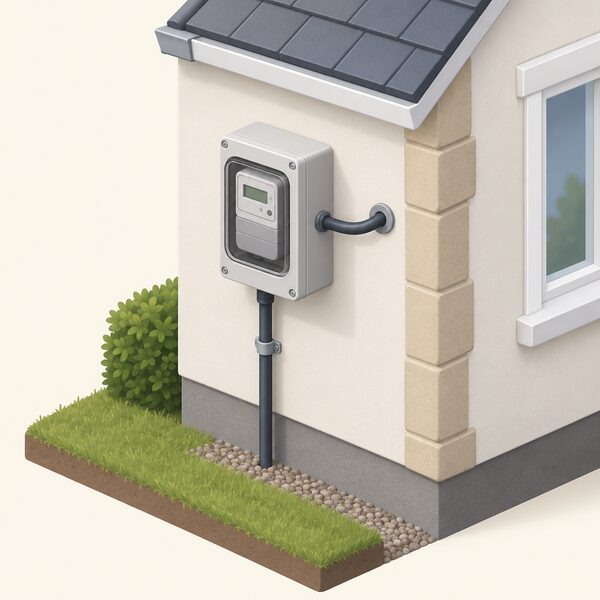 A small isometric view of an electricity meter mounted on the outside wall of a simple house, with the meter's cable running into the wall and a short service cable rising from the ground to the meter box, no people.