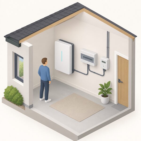 A simplified isometric cutaway of a home interior showing a wall-mounted domestic battery storage unit indoors, connected by cabling to the household's consumer unit and meter, with a small figure standing beside it, conveying stored electricity from the home's own generation.