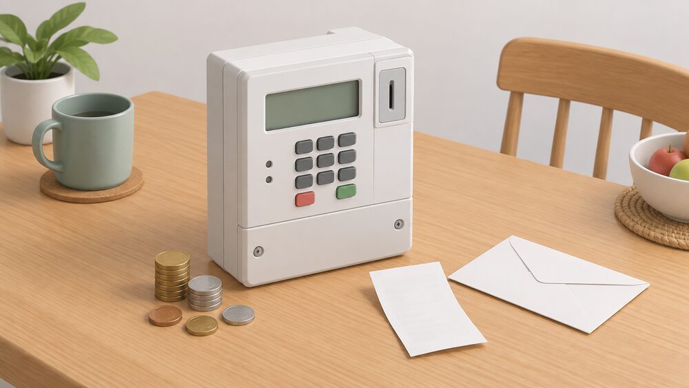 A Power NI Keypad pay-as-you-go electricity meter sits on a kitchen table beside a small stack of coins, a blank top-up receipt and a plain envelope, suggesting the moment a household tops up its electricity credit.