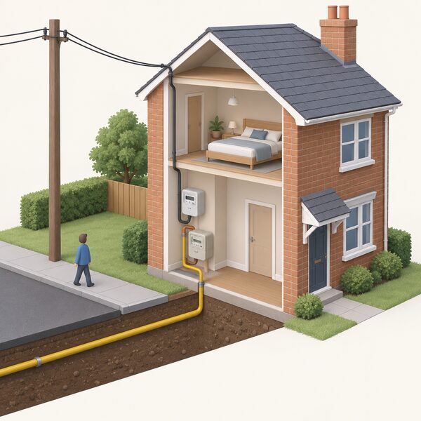 A simplified cutaway view of a house with an overhead electricity cable running to the building and an underground gas pipe entering from the street, showing the physical supply arriving the same way regardless of who bills it.