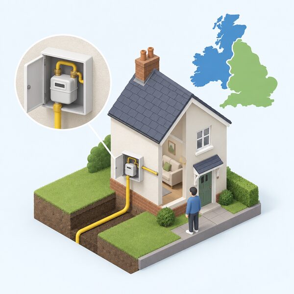A small isometric house with a domestic gas meter box mounted on its outside wall, the yellow plastic gas service pipe entering the box from underground and a smaller pipe running from the meter through the wall into the house, with a simplified map of two plain colour network regions beside it.
