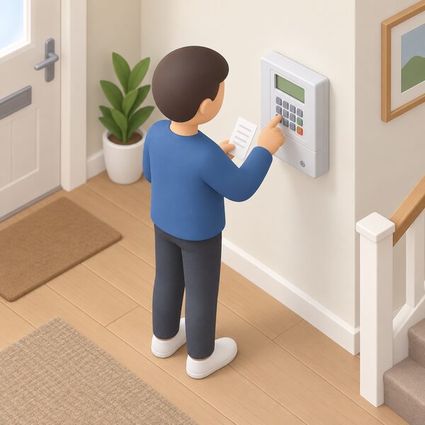 A simplified isometric figure stands in a home hallway entering a long Powercode on the keypad of a wall-mounted prepayment electricity meter, holding a top-up receipt, with the meter's small display and buttons clearly shown.