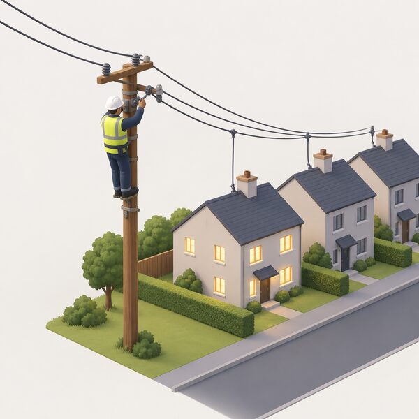 An NIE Networks engineer in plain clothing and hi-vis works at a wooden electricity distribution pole with overhead power lines, reconnecting the supply that runs down to a row of nearby houses, one house shown with its lights back on.