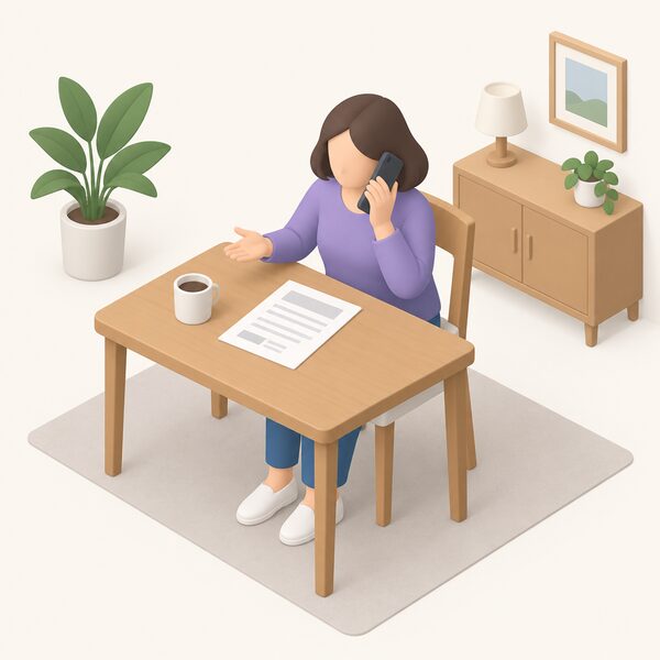 A householder sitting at a table in their home, telephone in hand, with an energy bill laid out in front of them as they phone their supplier to complain about it.