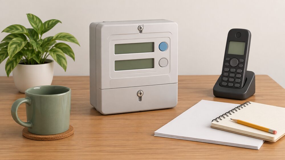 A domestic multi-rate electricity meter unit, its two rate registers plain and unlabelled, sits on a wooden table beside a cordless telephone resting on blank paperwork and a notepad with a pencil, suggesting a household preparing to phone an energy advice helpline about their meter.