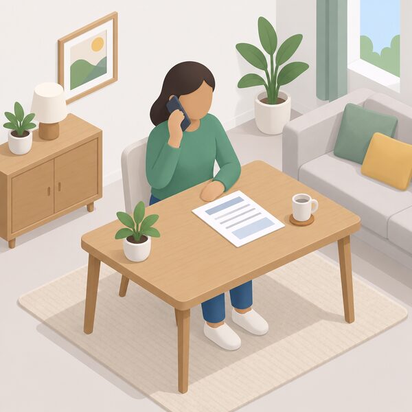 A simplified isometric figure sits at a table in a home living room holding a mobile phone to their ear, with an energy bill lying on the table beside them, phoning a free energy advice service about a bill problem.