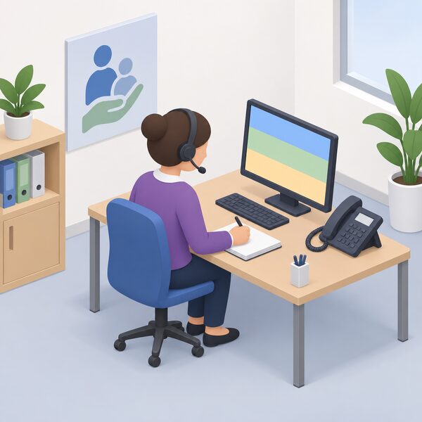A simplified advisor figure sits at a desk in an advice-centre office, wearing a headset and taking notes while speaking on a call, with a phone and a screen showing plain colour bands on the desk, representing the Extra Help Unit raising an energy complaint on a vulnerable consumer's behalf.