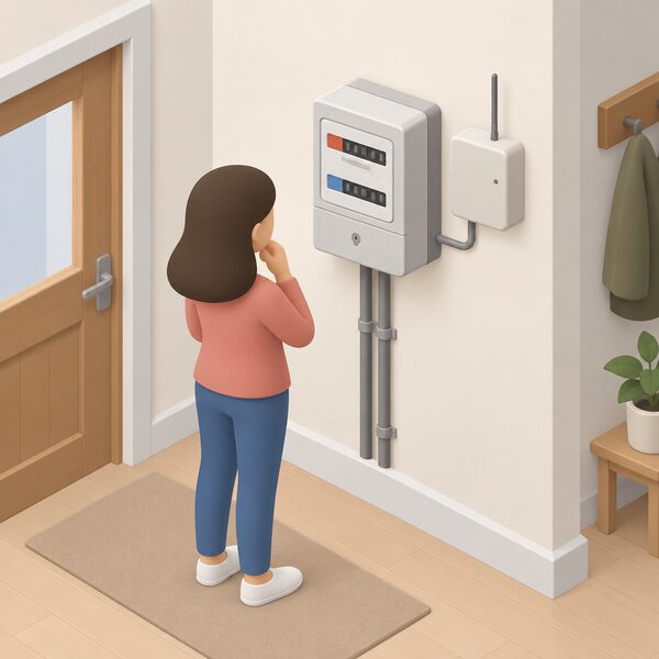 A multi-rate electricity meter mounted on an interior wall of a home, shown with its two registers and a radio teleswitch signal receiver, with a simplified figure looking at it, drawn as a plain domestic setting.