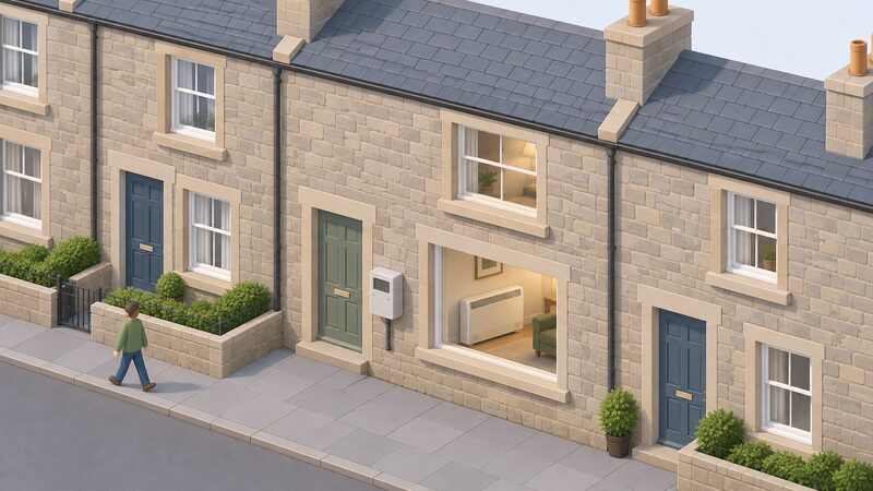 A simplified isometric view of a Scottish terraced house exterior showing a wall-mounted electricity meter box beside the front door, with a cutaway window revealing an off-peak storage heater inside the room.