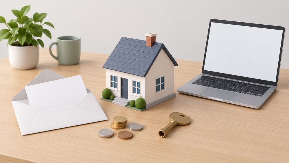 A small model house sits on a kitchen table beside a blank paper bill in an open envelope, a few coins, a gas meter key and a laptop with a blank screen, suggesting a household sorting out who supplies its gas and electricity.