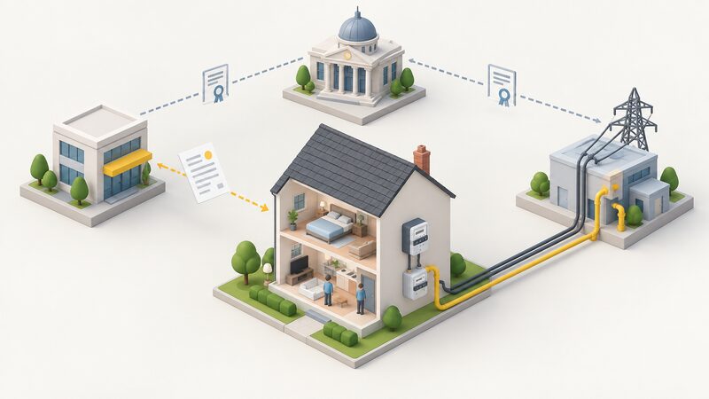 A simplified isometric house at the centre with three plain labelled-by-colour blocks around it: a supplier block linked by a paper bill to the home, a network block linked by a line representing wires and a pipe to the home, and a regulator block above linked to both supplier and network by licence lines.