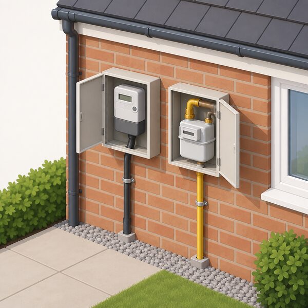 A simplified isometric view of a house's outside wall showing a domestic electricity meter and a gas meter mounted side by side in their boxes, with the incoming supply cables and gas pipe entering the home behind them.