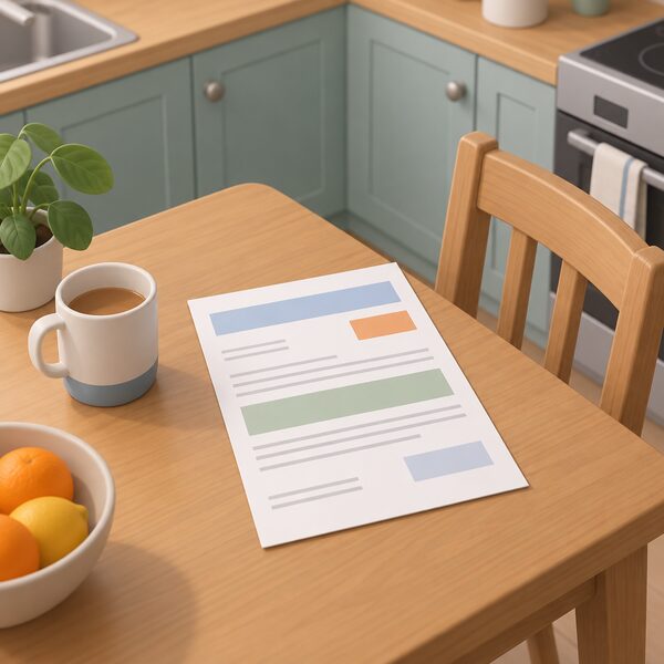 A paper energy bill lying flat on a kitchen table, its layout shown only as plain colour bands and blank lines, with a mug and a chair beside it to place it in an ordinary home.
