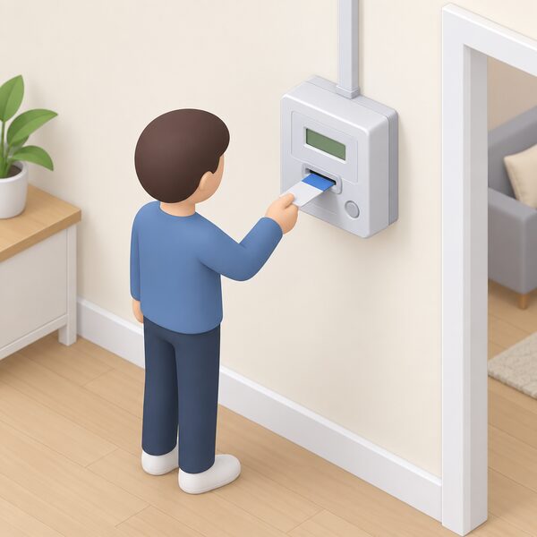 A simplified isometric figure inserts a key or card into a domestic prepayment electricity meter mounted on a wall inside the home, with the card shown halfway into its slot.