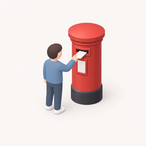 A simplified isometric figure stands at a UK post box slipping a sealed complaint letter about their energy supplier into the slot, the letter shown as a plain envelope with no readable words, depicting the first step of complaining to the supplier before going to the Ombudsman.