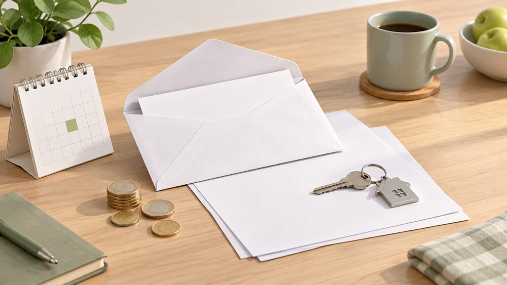 A small kitchen-table arrangement showing the moment of an energy switch: a blank final-bill envelope lying open beside blank paperwork, a small calendar page, a few coins for a credit refund, and a house key resting on top, all under soft daylight.