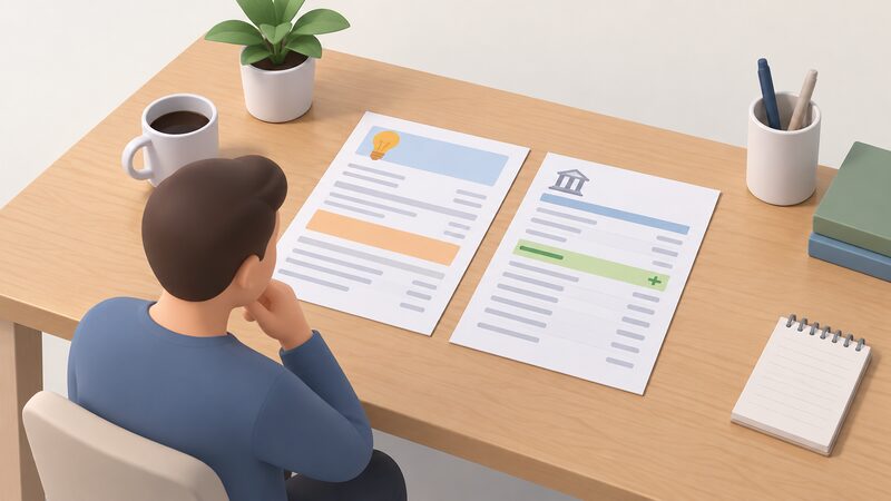 A household desk with a final energy bill and a bank statement lying side by side, the bill showing blank lines and plain colour bands and the statement showing a simple highlighted credit entry, both as physical papers with no readable words or numbers.